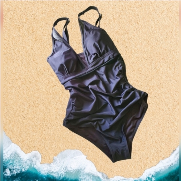 Elegant Black One-Piece Swimsuit with a Deep V-neck Design - Picture 1 of 6